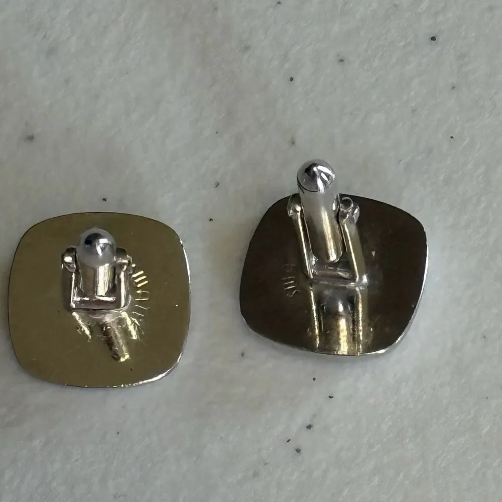 Vintage Silver Swank Cufflinks w/ Black Stone and Brushed‎ Finish
